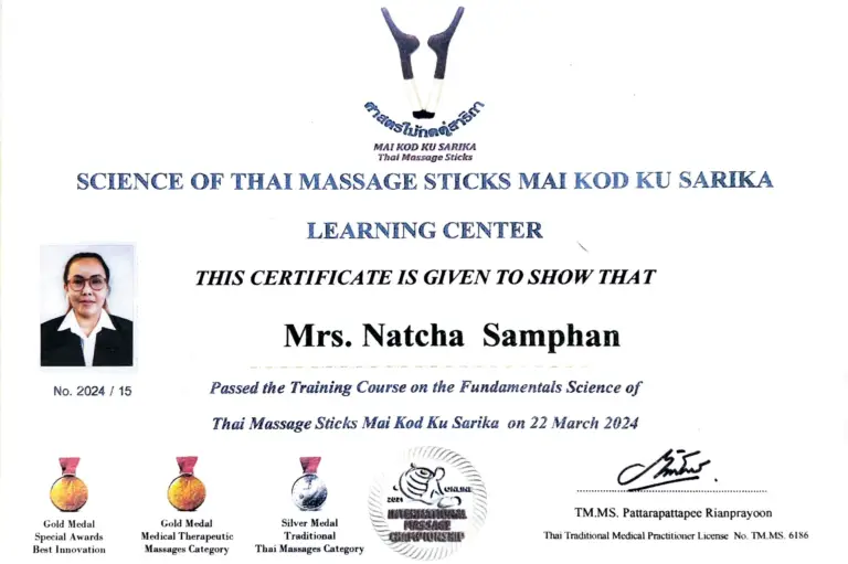 Über ThaiVital Thaimassage in Basel 9 Zertifikat Fundamentals Science of Thai Massage Sticks Mai Kod Ku Sarika, 22. März 2024, für Natcha Samphan