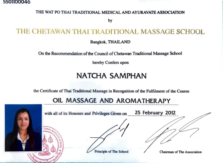 Über ThaiVital Thaimassage in Basel 6 Zertifikat Oil Massage and Aromatherapy der Chetawan Thai Traditional Massage School in Bangkok, 25. Februar 2012, für Natcha Samphan